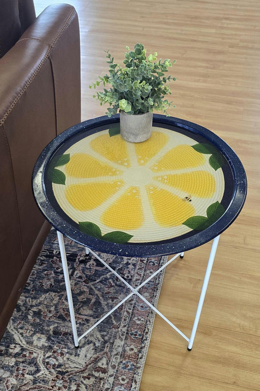 Lemon-tastic, round end table with a vintage enamelware vibe, like your momma or grandma used to have.