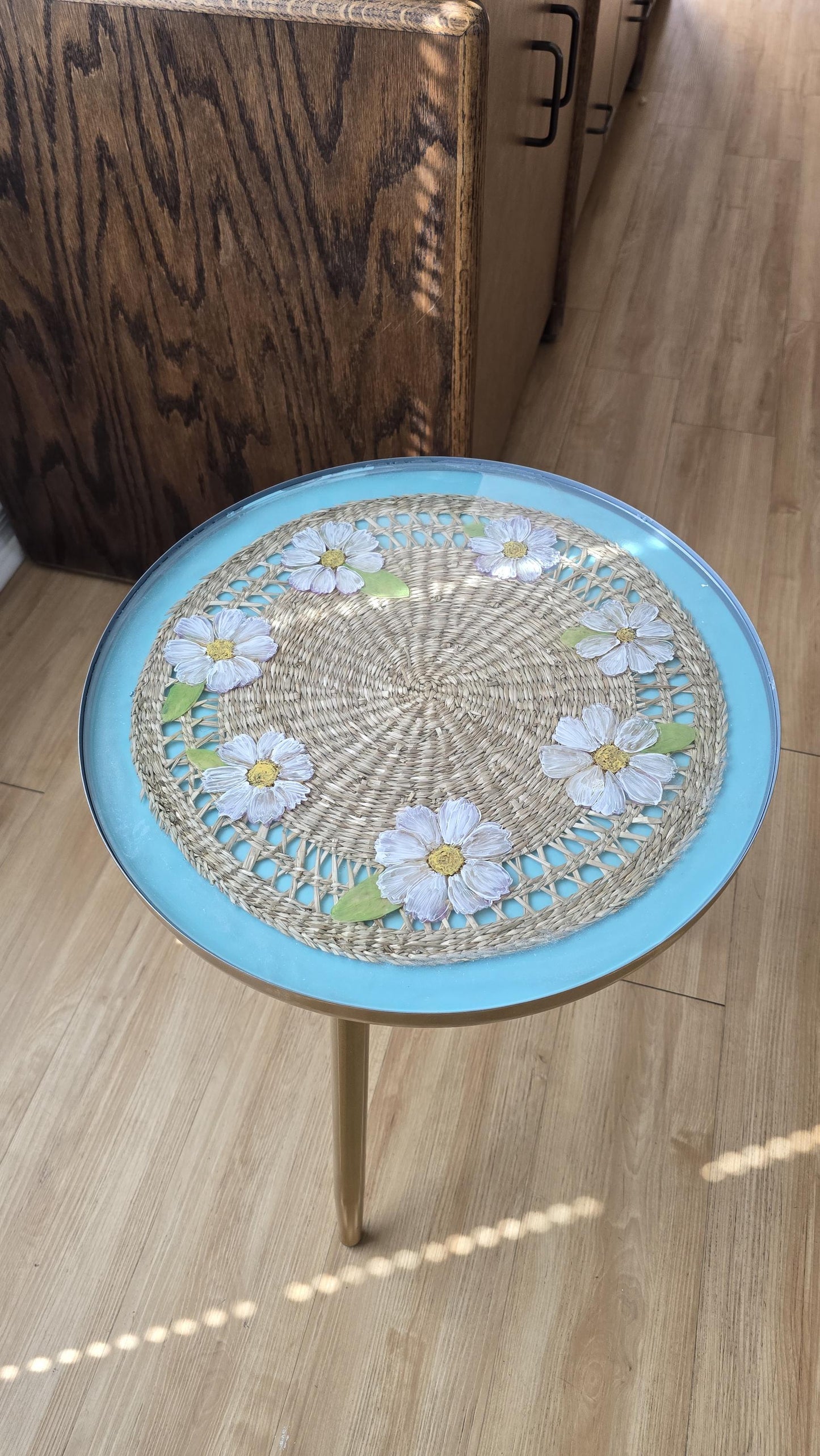 You're a Daisy if you do!  Handpainted daisies on a sea foam green and wicker background, preserved in crystal clear resin.