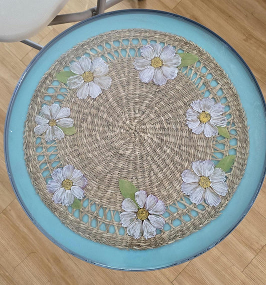 You're a Daisy if you do!  Handpainted daisies on a sea foam green and wicker background, preserved in crystal clear resin.