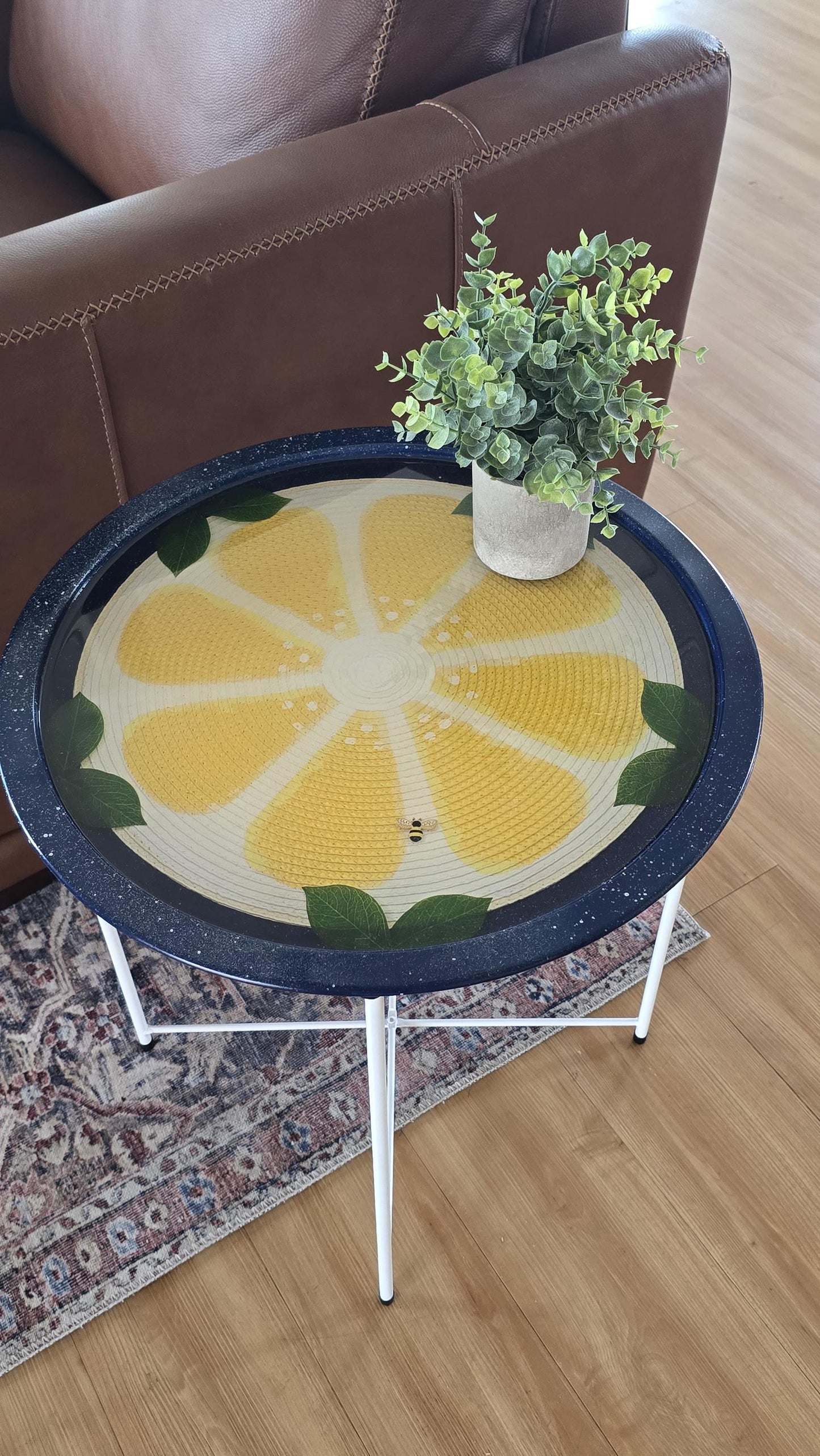 Lemon-tastic, round end table with a vintage enamelware vibe, like your momma or grandma used to have.