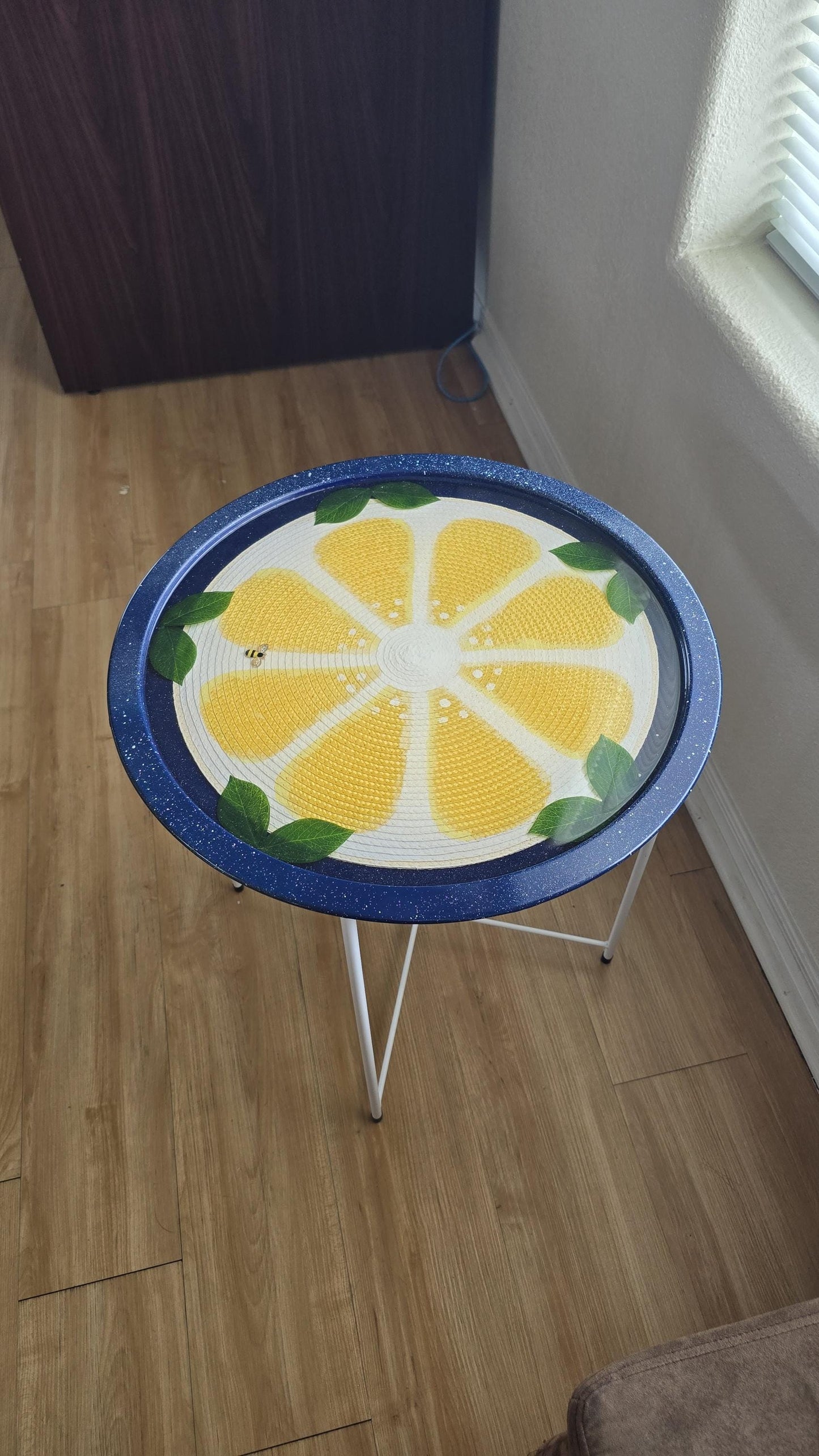 Lemon-tastic, round end table with a vintage enamelware vibe, like your momma or grandma used to have.